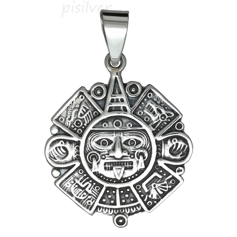 Sterling Silver Large Aztec Mexica Calendar Sun Stone Charm Pendant
