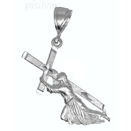 Sterling Silver Diamond-cut Jesus Christ Carrying Cross Christian Charm Pendant