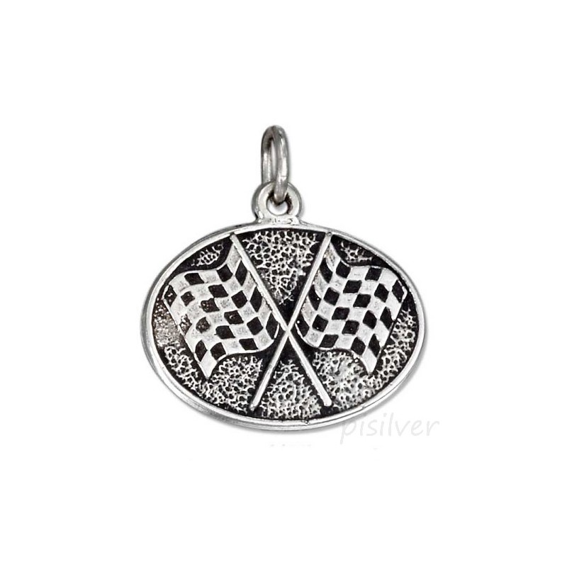 Sterling Silver Antiqued Oval Checkered Flags Charm Pendant
