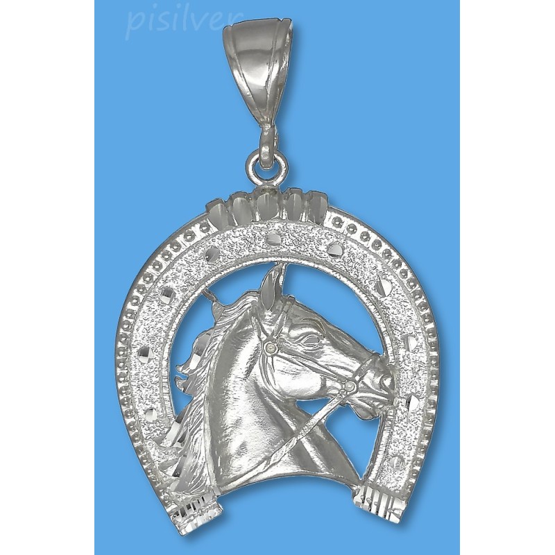 Sterling Silver Diamond-cut Horse Head in Horseshoe Equine Charm Pendant