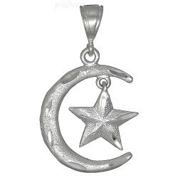 Sterling Silver Diamond-cut Moon with Dangling Star Charm Pendant