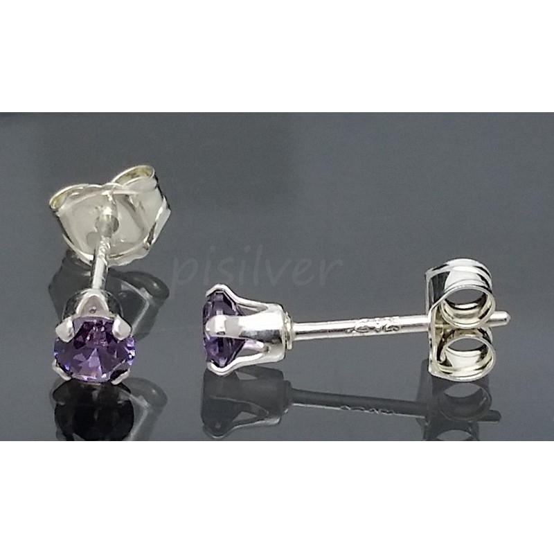 Sterling Silver 3mm Round Purple Amethyst CZ Feb Birthstone Stud Post Earrings