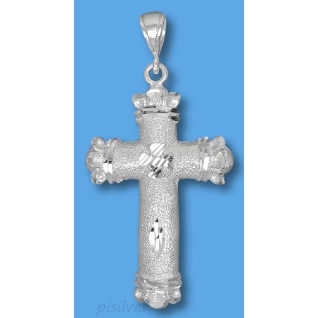 Sterling Silver Large Diamond-cut Fleury Fleur de Lis Cross Pendant Stardust Texture