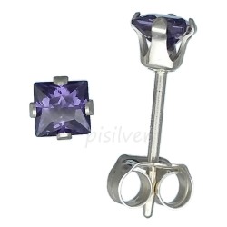 Sterling Silver 3mm Princess Cut Square Purple Amethyst CZ Stud Post Earrings